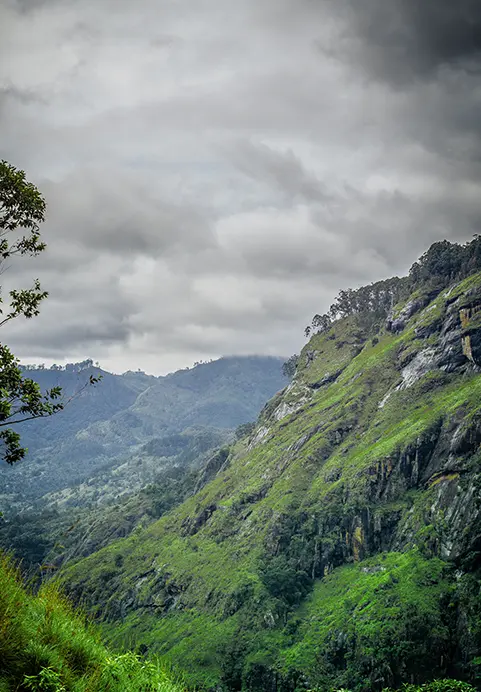 A moody and majestic green mountain valley view in the Sri Lankan highlands, highlighting the exclusive nature hikes and scenic viewpoints available on Beyond Boundaries - The Ultimate 15-Day Adventure Odyssey tour.