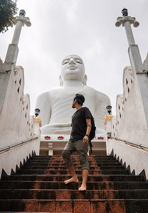 A man standing on traditional stone stairs looking up at a majestic white Buddha monument, highlighting the rich spiritual landmarks you can visit during our private Sri Lanka tours