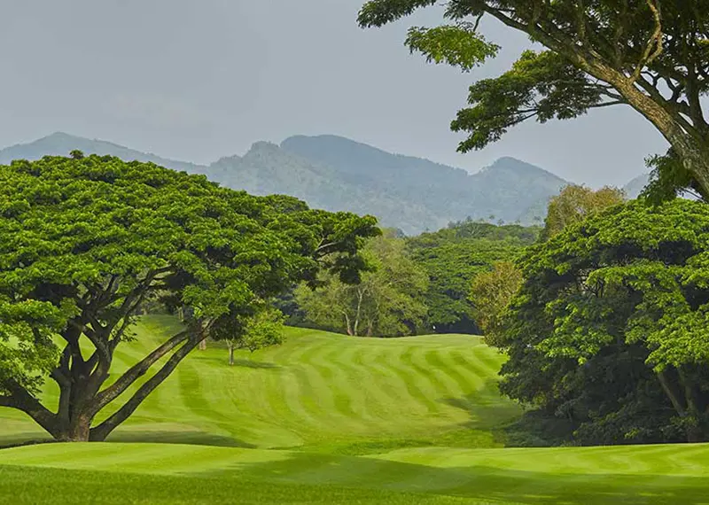 Beautiful landscape of a highland golf resort with mountains in the background