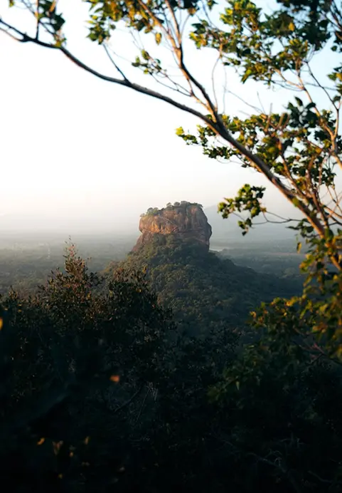A scenic view of the ancient Sigiriya Lion Rock fortress framed by tree branches, highlighting the iconic cultural landmarks included in our Sri Lanka Ancient Echoes & Emerald Highlands package.