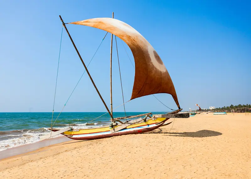 A traditional wooden catamaran fishing boat with a large brown sail resting on a wide, golden sandy beach beside the blue ocean, a picturesque coastal sight to enjoy on our Sri Lanka holiday packages