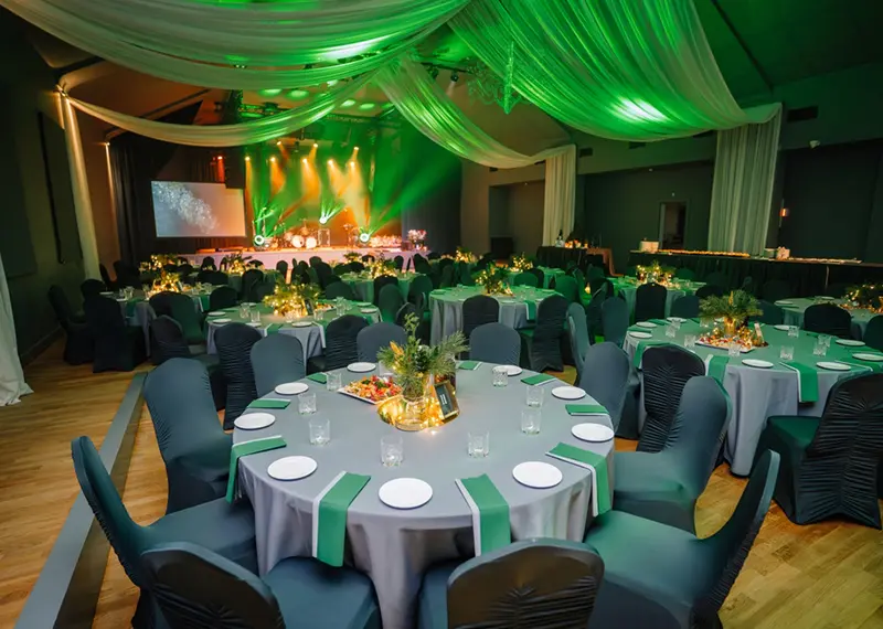 An elegant banquet hall is decorated for a gala event in Sri Lanka