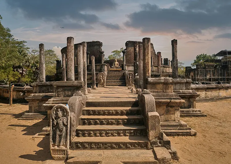 Ancient stone ruins of the circular Polonnaruwa Vatadage temple in Sri Lanka