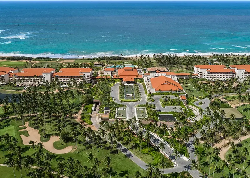 Aerial view of the luxurious beachfront Shangri-La Hambantota resort in Sri Lanka
