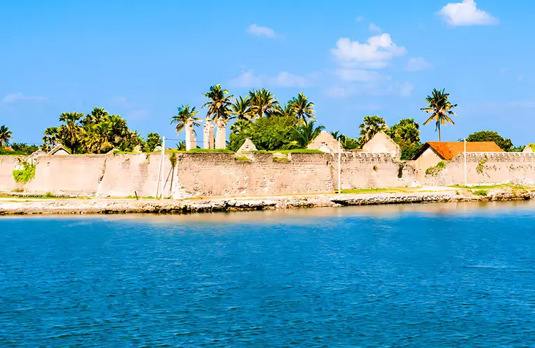 A view of an ancient mannar fort wall lined with palm trees sitting beside bright blue ocean water, highlighting the historical landmarks included in our Sri Lanka Sunrise Shores - The Ultimate Coastal Odyssey  package
