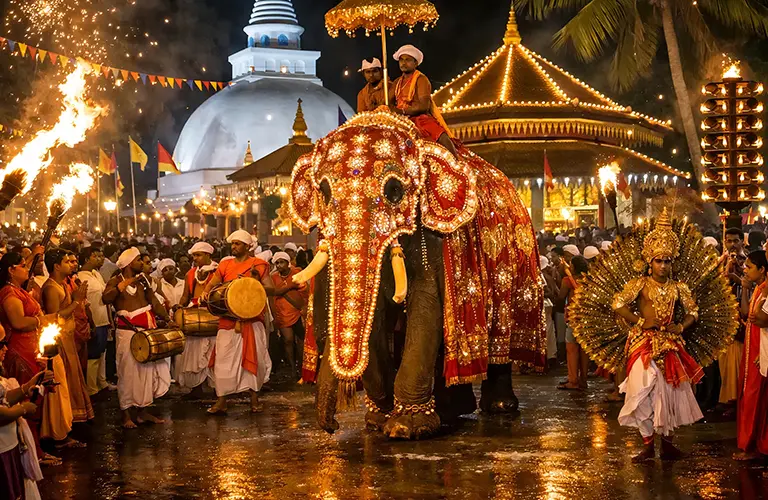 A brightly illuminated elephant parading with traditional drummers and fire dancers at night, showcasing the vibrant cultural festivals included in our Sri Lanka The Silk Road & Southern Sands package.