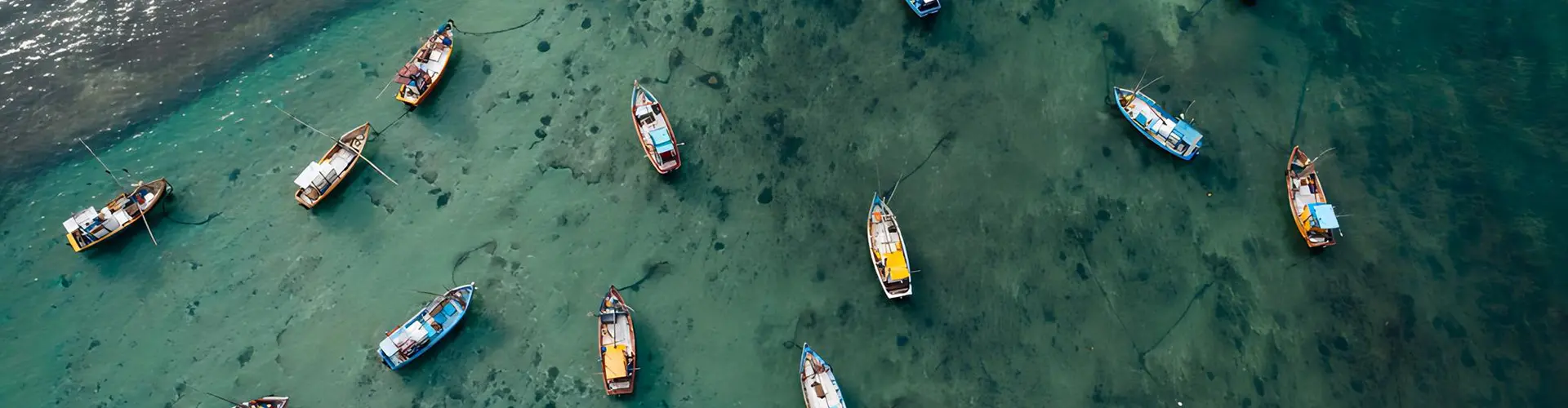 An aerial view of traditional Sri Lankan fishing boats floating in clear turquoise waters, highlighting the authentic coastal experiences included in our Sri Lanka tour packages