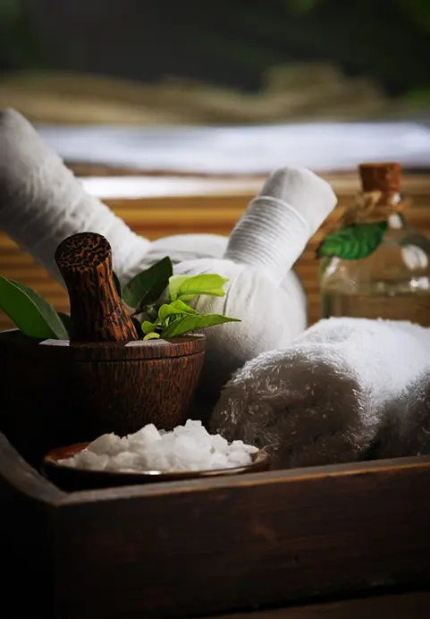 Traditional Ayurvedic spa treatment items including herbal compresses and bath salts, a relaxing wellness experience to include in The Wellness Retreat - An Authentic Ayurvedic Sanctuary tour