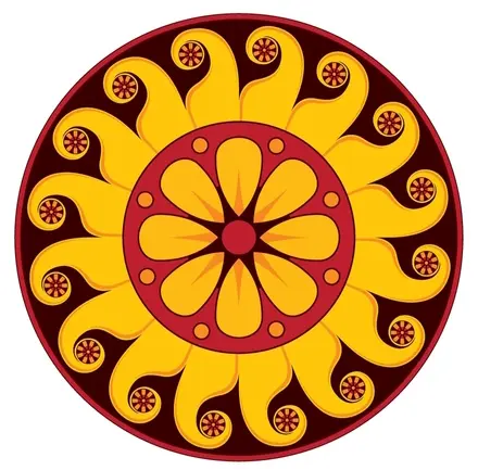 An intricate circular red and yellow traditional Sri Lankan sun lotus motif