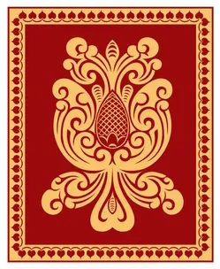 An ornate yellow Kandyan floral motif set against a deep red background