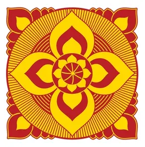 An intricate red and yellow traditional Sri Lankan lotus floral motif art