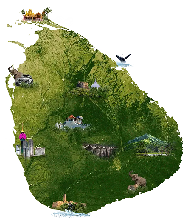 An illustrated map of Sri Lanka showcasing key tourist destinations, including cultural landmarks, wildlife safaris, and scenic beaches, representing the diverse experiences offered in our Sri Lanka tour packages