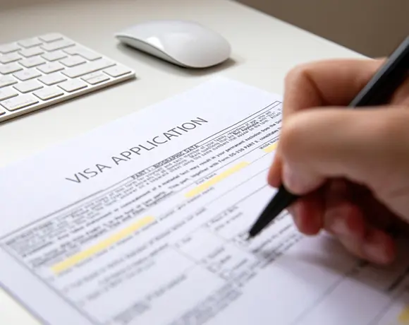 A close-up of a person filling out a visa application form at a desk, representing the dedicated visa assistance services included in our Sri Lanka itinerary packages